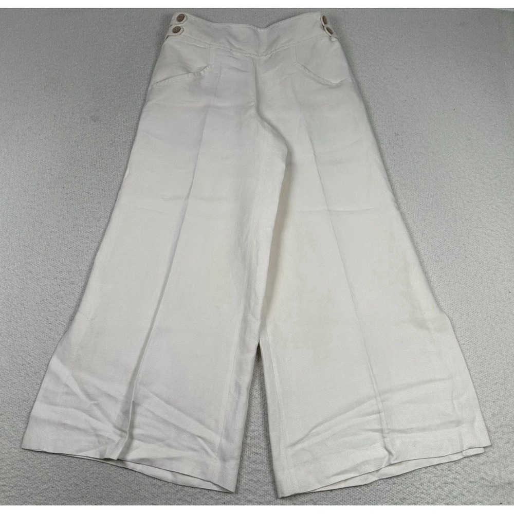 Anthropologie Elevenses Linen Blend Pants Womens 0 Flared‎ Wide Leg Ankle Cream